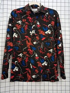 Vintage Abstract Print Button-Up Top in Black, Red, Blue, White